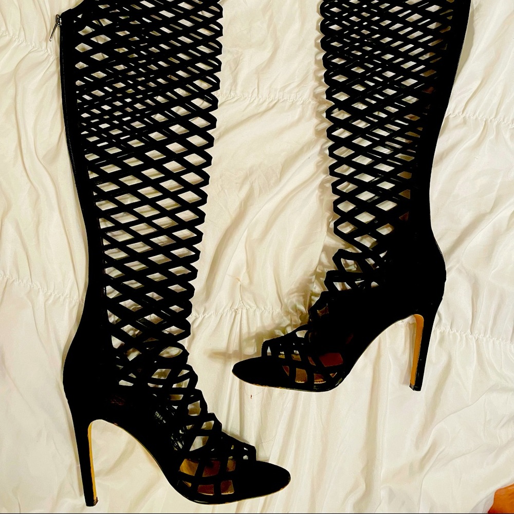 Gorgeous black fish net style over knee boot/heel